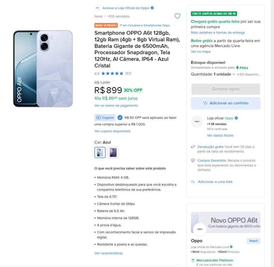 OPPO A6t chega forte ao Brasil: bateria de 6.500 mAh e tela 120 Hz por menos de R$ 900 - Imagem do artigo original