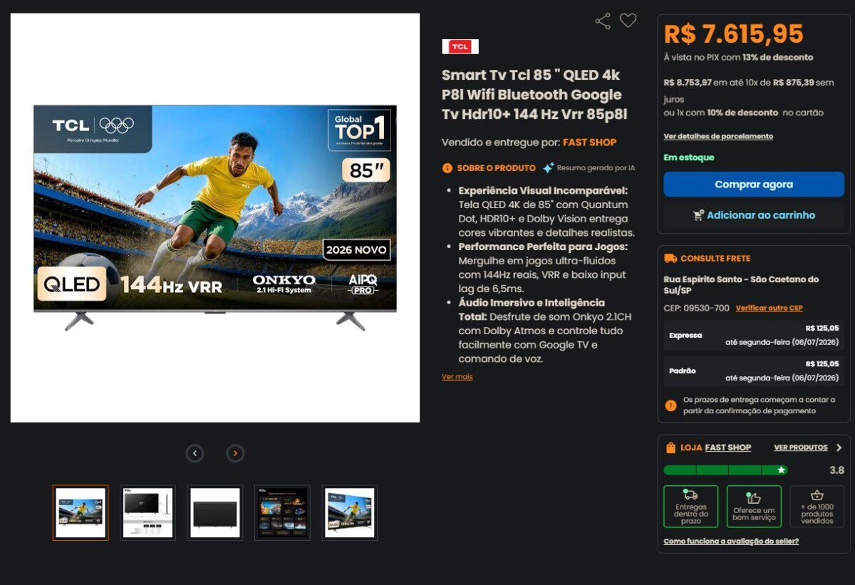 TCL P8L estreia no Brasil: QLED 4K, Mini LED e 144 Hz por preço competitivo - Imagem do artigo original